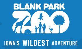 white text on a blue background that says "Blank Park Zoo, Iowa's Wildest Adventure"