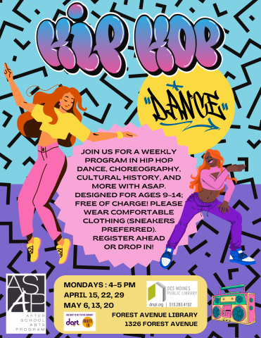 Join us Mondays 4–5 p.m. this Spring for a weekly program in Hip Hop dance, choreography, cultural history, and more, with the After School Arts Program (ASAP) and teaching artist Mia of Creative Netwerk. These classes will provide opportunities to grow community, make new friends, and express yourself creatively through movement. Designed for ages 9–14; free of charge! Please wear comfortable clothing (sneakers preferred).