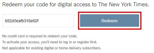 Redeem your code for digital access to the New York Times screenshot