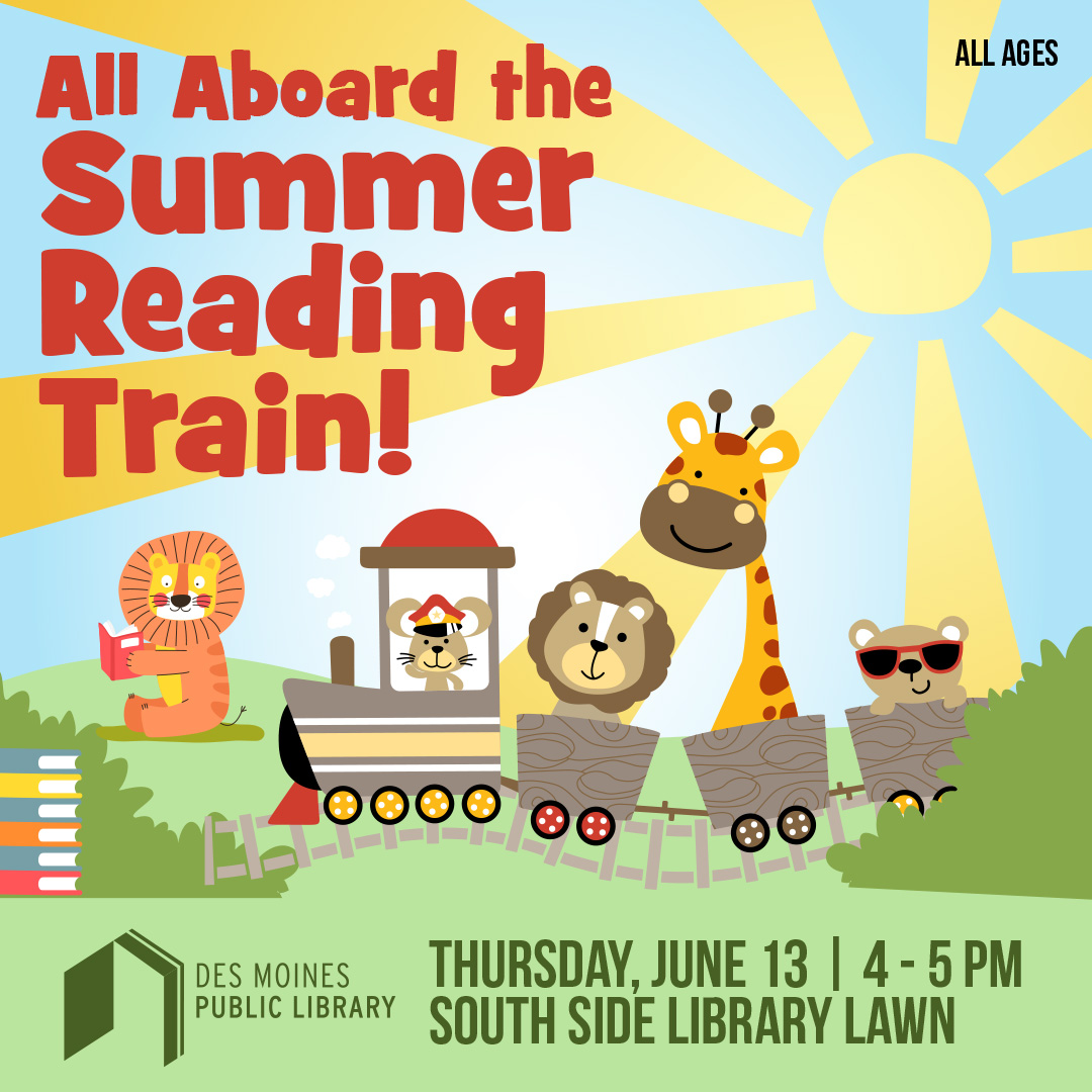 All Aboard the Summer Reading Train with cartoon animals riding a mini train
