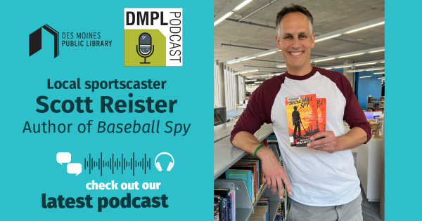 Scott Reister poses with his book as part of a DMPL Podcast Graphic