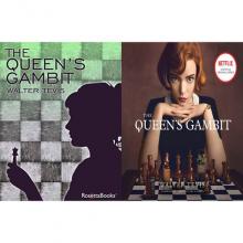 The Queen's Gambit book cover and movie poster side by side