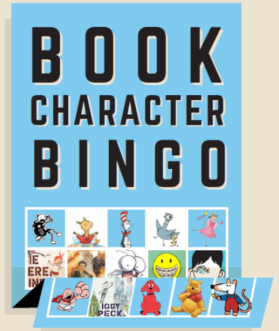 text on a blue background that says Book Character Bingo, with a bingo card underneath