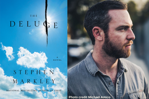 Deluge Book cover next to portrait of Stephen Markley by Michael Amico