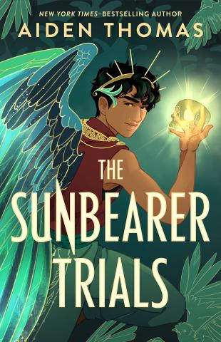 The image shown is the cover art for Aiden Thomas's The Sunbearer Trials. The image shows a teen boy with wings, a crown, and a glowing magical hand raised in the air. 