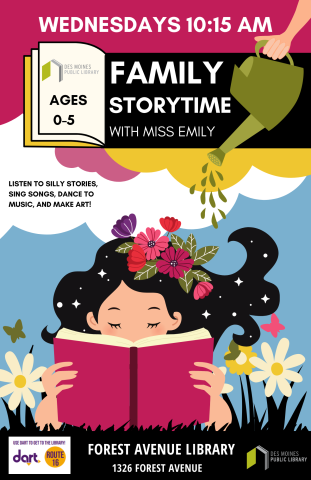 Graphic of a child reading books. The text reads "Family Storytime, Wednesdays 10:15 am, Forest Ave Library"