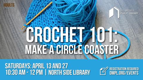 Program's title over an image of a blue ball of yarn, a crochet hook, and a crocheted circle