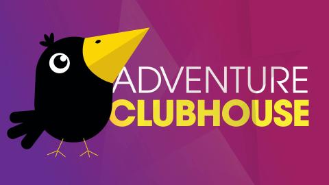 White and yellow text on a purple background that says "Adventure Clubhouse" next to a black bird