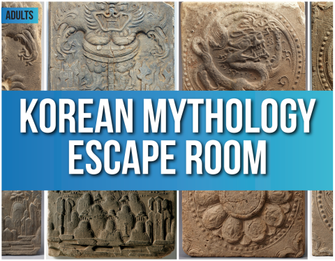 Korean monster tiles with text reading "Korean Mythology Escape Room"