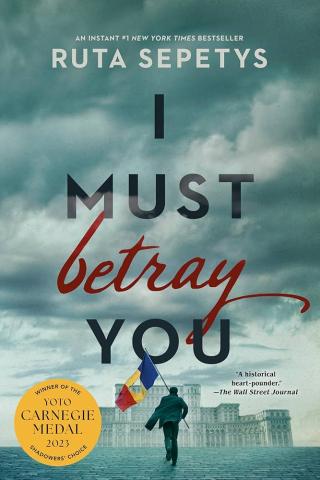 Book Cover With Cloudy Grey Background. Young Person Holding a Romanian Flag. Cover For I Must Betray You