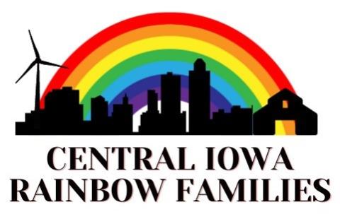 Central Iowa Rainbow Families logo: Des Moines skyline with a rainbow in the background