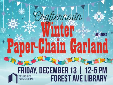 Winter Paper-Chain Garland text with blue background with snowflakes.