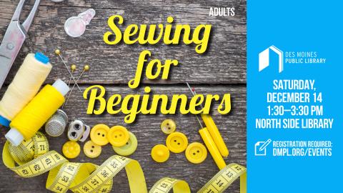 Program title "Sewing for Beginners" with thread, buttons, tape measure, and other sewing tools