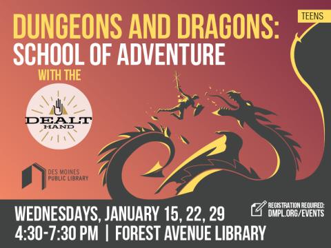 Dungeons and Dragons School of Adventure program. Image of a knight fighting a dragon.