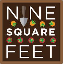 Nine square feet logo featuring a brown square of dirt with veggies and a trowel