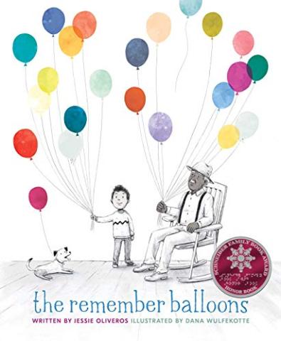 The cover of "The Remember Balloons" book by Jessie Oliveros. Depicting a grandfather in a rocking chair and a grandson, both holding colorful balloons