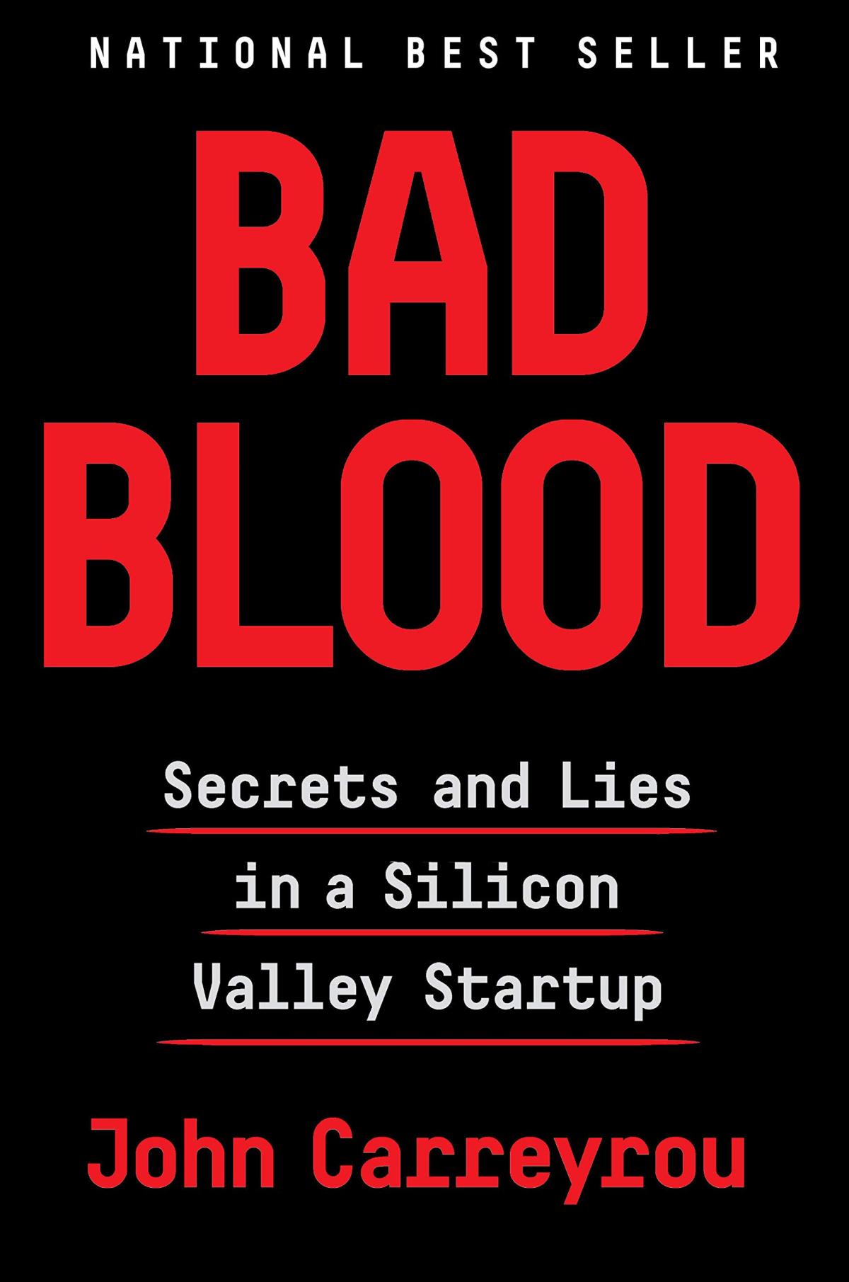 Cover of Bad Blood. The title and author's name are in red on a black background, while the subtitle is in white.