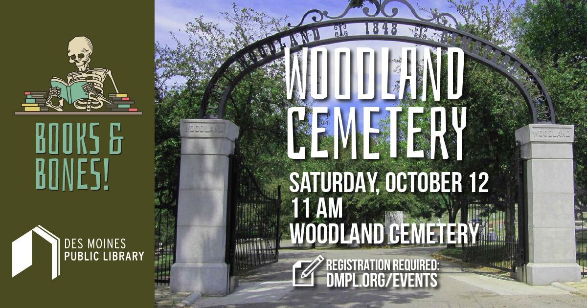 Photo of the entrance to Woodland cemetery with the date and time of the program