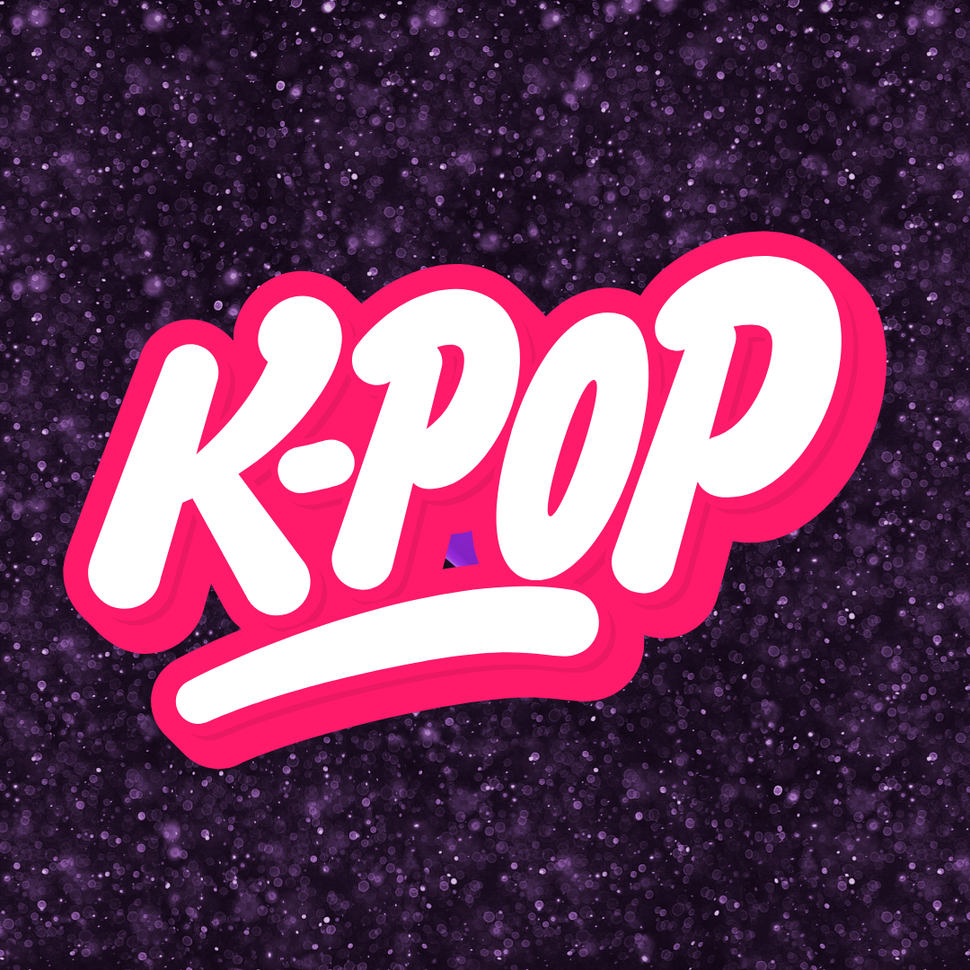 K-pop in bubble letters over a sparkly background