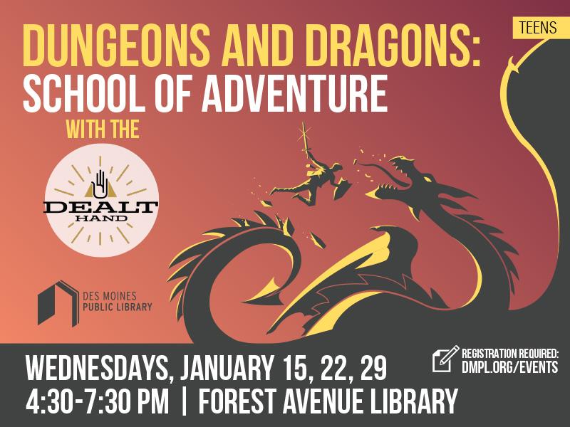 Dungeons and Dragons School of Adventure program. Image of a knight fighting a dragon.