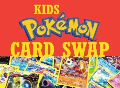 text that reads "kids pokemon card swap" on a red background with pokemon cards at the bottom