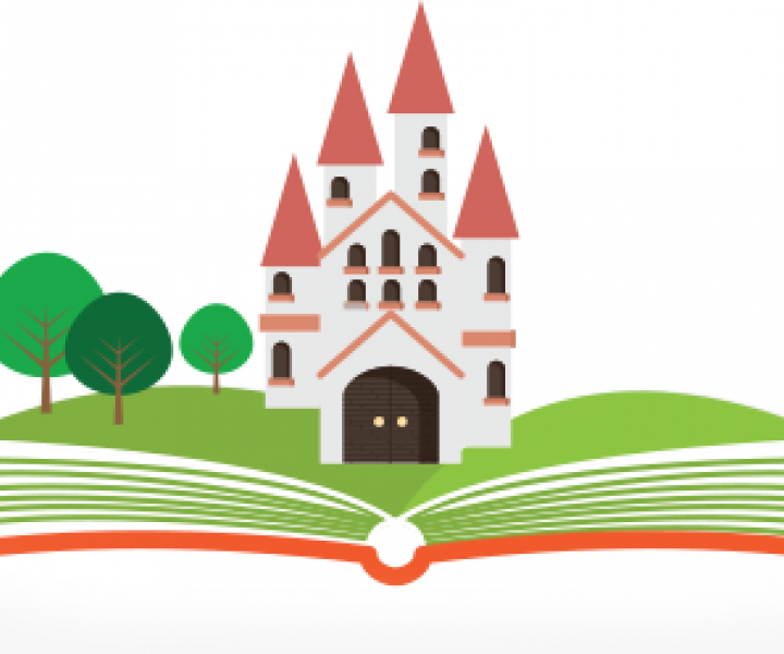 Book graphic with castle and trees popping out of the pages
